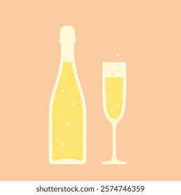 Champagne minimalist vector illustration. Stylized bottle and glass in soft pastel colors on pink background.