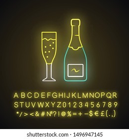 Champagne neon light icon. Uncorked bottle and flute glass of sparkling wine. Champaign. Anniversary, birthday drink. Glowing sign with alphabet, numbers and symbols. Vector isolated illustration