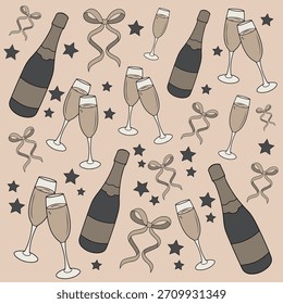 Champagne new year seamless pattern vector illustration, vintage style