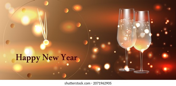 Champagne on a blurred background and a stylized dial. Banner, flyer or card template for New Year holidays