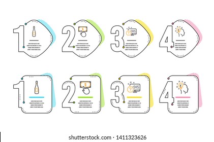 Champagne, Online quiz and Payment click icons simple set. Idea sign. Celebration drink, Web support, Financial transfer. Creative designer. Business set. Infographic timeline. Line champagne icon