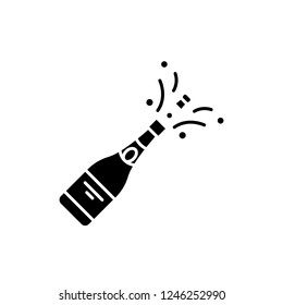 Champagne opening black icon, vector sign on isolated background. Champagne opening concept symbol, illustration 