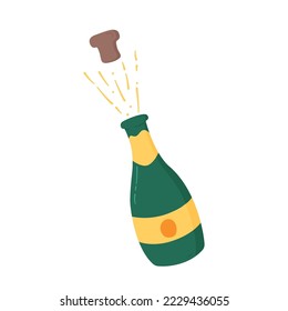 Champagne opening with splash in cartoon style. Champagne bottle isolated on white background. Vector illustration