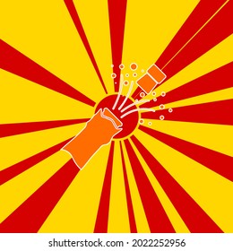 Champagne opening symbol on a background of red flash explosion radial lines. A large orange symbol is located in the center of the sunrise. Vector illustration on yellow background