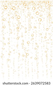 Champagne. Orange sparkling water or beer. Gold fizzing air bubbles isolated on white background. Effervescent drink, realistic soda.  Golden fizzy sparkles texture. Vector yellow background.