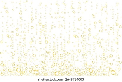 Champagne. Orange sparkling water or beer. Gold fizzing air bubbles isolated on white background. Effervescent drink, realistic soda.  Golden fizzy sparkles texture. Vector yellow background.