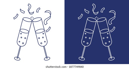 Champagne  Outline flat icon isolated on white and blue background. thin line style, flat design