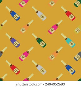 Champagne Pattern - Repeating Champagne Bottles in Various Colors on Gold Background. Seamless