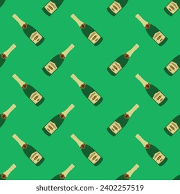 Champagne Pattern - Repeating Traditional Champagne Bottles on Green Background. Seamless
