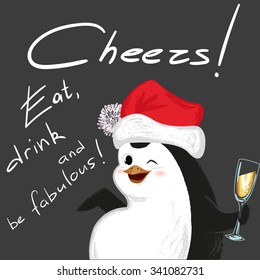 champagne penguin vector illustration, cheers, eat, drink and be fabulous