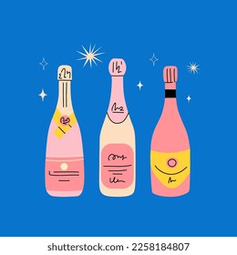 Champagne pink bottle. Cartoon modern wine. Doodle drawing contemporary card or poster. Alcoholic drink for celebration new year, wedding and birthday. Festive party beverage. Vector isolated set