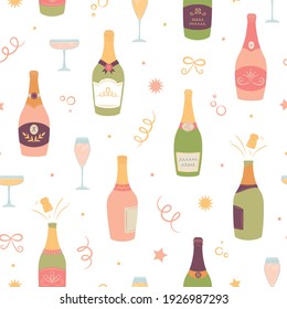 Champagne, Prosecco, Cava Celebration, New Year, Seamless Vector Pattern, Background.