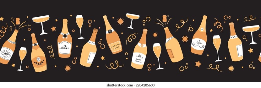 Champagne, Prosecco, Cava Celebration, New Year, Seamless Vector Pattern, Background, web banner, decoration