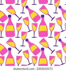 Champagne, Prosecco, Cava Celebration, New Year, Seamless Vector Pattern, Background.