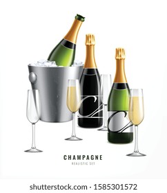 Champagne realistic composition with text and images of glasses with ice bucket and bottles of premium champagne vector illustration