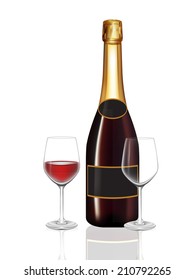 Champagne red bottle and two champagne glass on white background. Vector illustration