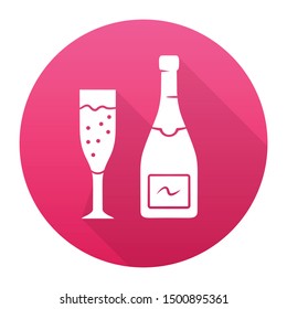 Champagne red flat design long shadow glyph icon. Uncorked bottle and flute glass of sparkling wine. Bubbly beverage for holiday celebrate. Champaign. Vector silhouette illustration