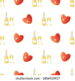 Champagne and red hearts vector pattern background. Gold bottles, glasses, fizzy drink on white backdrop. Elegant sparkling wine repeat. All over print for engagement, Valentine celebration.