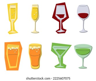 Champagne red wine beer vermouth glass on white background. Cartoon sketch graphic design. Flat style. Colored hand drawn image. Party drink concept for restaurant, cafe, party. Freehand drawing style