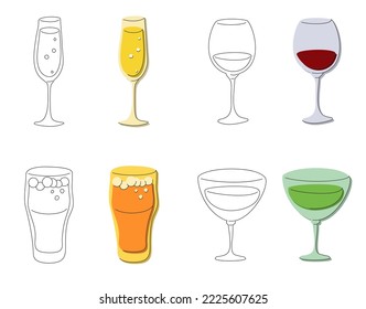 Champagne red wine beer vermouth glass on white background. Cartoon sketch graphic design. Flat style. Colored hand drawn image. Party drink concept for restaurant, cafe, party. Freehand drawing style