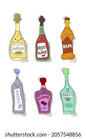 Champagne red wine beer vodka liquor vermouth with smile on white background. Cartoon sketch graphic design. Vector doodle style with black contour line. Cute hand drawn bottle. Party drinks. Freehand