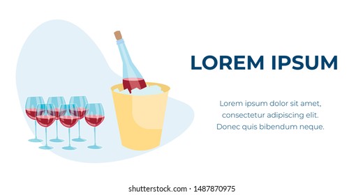 Champagne Or Red Wine Bottle In Ice Bucket And Rows Of Full Glasses. Closed Bubbly Half Empty Flask With Sparkling Vine Drink And Cork. Restaurant, Cartoon Flat Vector Illustration, Horizontal Banner