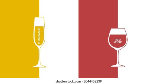 Champagne and red wine glass in minimalist linear style with text. Contour of glassware on right side in form of fine line. Two types of multi-colored drink. Isolated image on white backdrop. Vector.