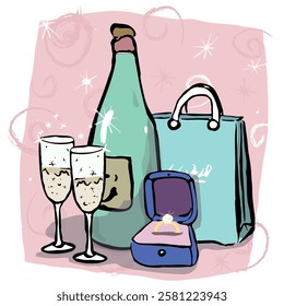 Champagne, ring and glasses, bag. Vector, isolated, hand draw. Cartoon style, abstract, modern, trendy.