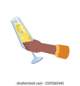 Champagne romantic alcohol drink in afro american woman hand isolated flat cartoon vector illustration. Person tasting white wine with bubbles in high wineglass, winery product