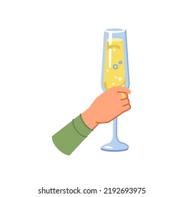 Champagne romantic alcohol drink in human hand isolated flat cartoon vector illustration. Person tasting white wine with bubbles in high wineglass, sommelier or bartender in bar or restaurant