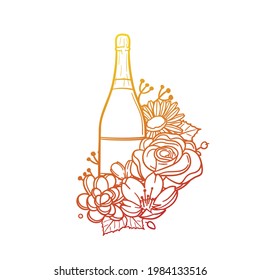 Champagne Rose Flower with Vintage Bottle Design. Wine Celebration Floral frame ornament vector style. Decoration Design Wreath illustration.