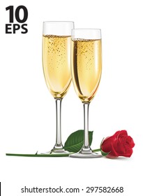 Champagne and rose isolated. Vector illustration