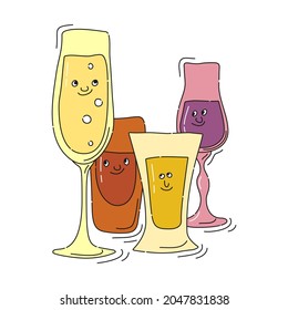 Champagne rum tequila liquor glassware with smile face on white background. Cartoon sketch. Doodle style with black contour line. Cute hand drawn glass. Party drinks concept. Kawaii freehand drawing.