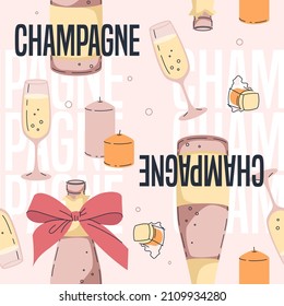 Champagne seamless pattern. Beige and pink colored illustration with a bottle of sparkle wine, pair of glasses, candles, and wine cork. Anniversary, dating, celebration, Valentine concept.