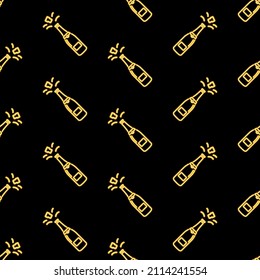 Champagne seamless pattern, bright vector illustration on a black background.