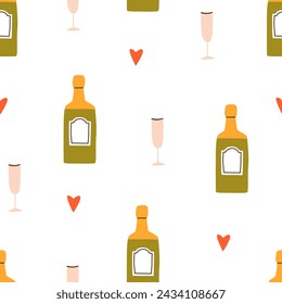Champagne, seamless pattern. Holiday drink bottle, hearts and wineglass, endless background, party texture. Repeating print for wrapping, textile, fabric design. Printable flat vector illustration