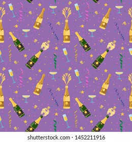 Champagne seamless pattern. Holiday seamless pattern with sham and extracted cork. Easy to change color. Mask is used.