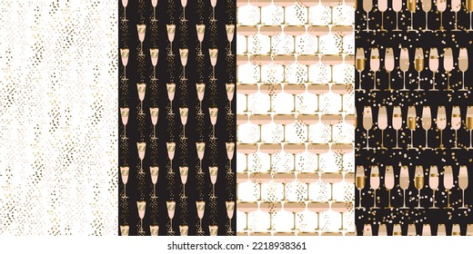 Champagne seamless pattern. Sparkling wine patterns bundle. Champagne bubbles pattern. Christmas, wedding, celebration, party, birthday. Champagne for textiles, surface patterns, digital paper, wrappi