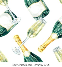 Champagne seamless pattern, watercolor. Illustration for wedding decor. Cards, invitations, banners, engagement day, celebration, festivals, awards.