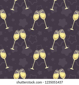 Champagne seamless vector pattern. Gold wine glass on stars violet background. Design for menu, fabric and wrapping paper. Christmas decoration.