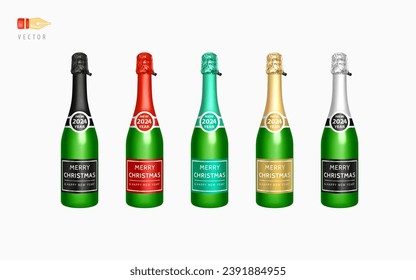 Champagne Set. Botella de champán con etiquetas Feliz Navidad y Feliz Año Nuevo 2024. Botellas realistas de vino espumoso. Con etiquetas de diferentes colores - Rojo, Oro, Verde, Negro, Plata. 3.ᵉʳ Vector