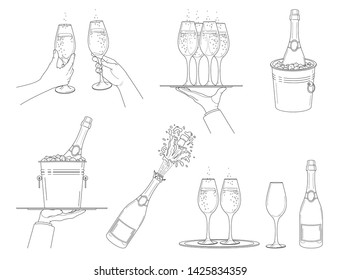 Champagne.  Set  different options   champagne explosion, champagne bottle in bucket with ice. Hands holding glasses of champagne. Elements  festive design.Vintage style. Isolated contour. Vector 