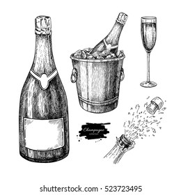 Champagne Set. Champagne glass, bottle, ice bucket and explosion. Hand drawn isolated vector illustration Alcohol drink in engraved style Beverage sketch Great for bar and restaurant menu, celebration