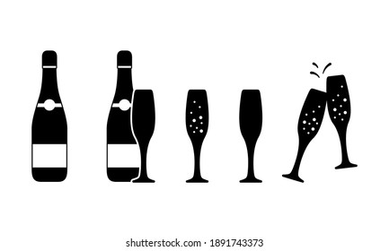 Champagne silhouette icon. Outline symbols set. Bottle, clinking glasses. Black simple illustration. Flat isolated vector pictogram on white background