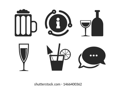 Champagne sparkling wine and beer symbols. Chat, info sign. Alcoholic drinks icons. Wine glass and cocktail signs. Classic style speech bubble icon. Vector
