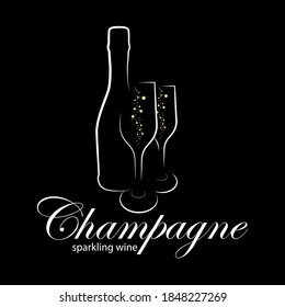 Champagne sparkling wine bottle and glasses on black background silhouette logo vector image