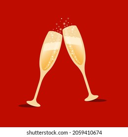 Champagne, sparkling wine in tall glasses with gas bubbles. Vector illustration, festive golden design, isolated on red background, sparkles. Concept: a drink for the new year, birthday, wedding.