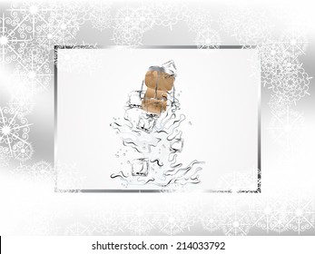 Champagne splash with ice cubes and cork