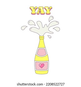 Champagne Splashes Festive Bottle with a Heart Bachelorette Party Illustration in Groovy Style Temporary Sticker or Badge