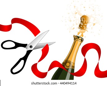 Champagne splashing and scissors cutting red ribbon without outlines. Celebration, holiday and party concepts